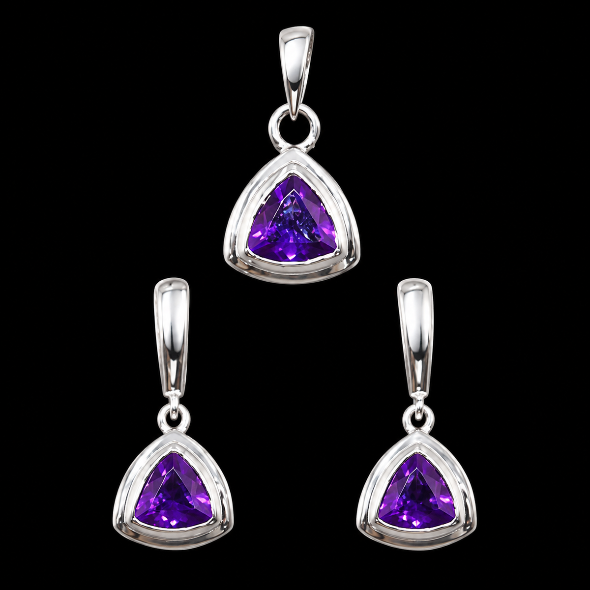 10K White Gold Amethyst Trillion Shape Pendant Set