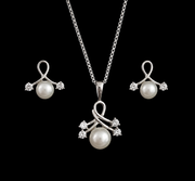 Elegant Silver Pearl Pendant & Earrings Jewelry Set