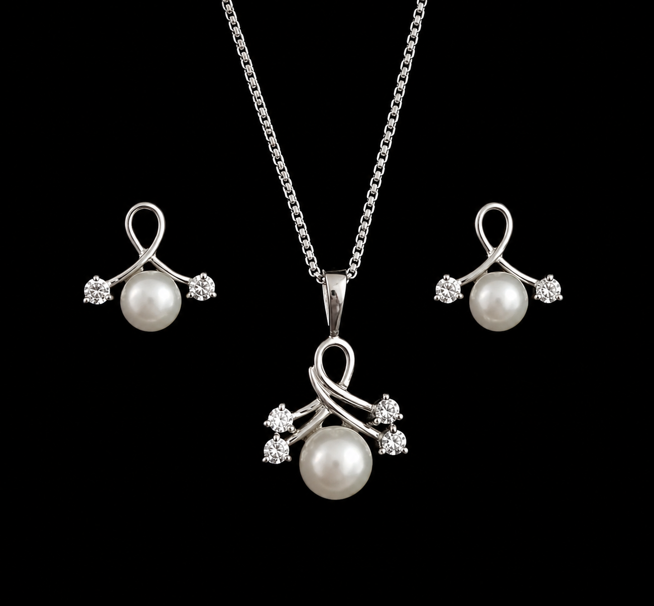 Elegant Silver Pearl Pendant & Earrings Jewelry Set