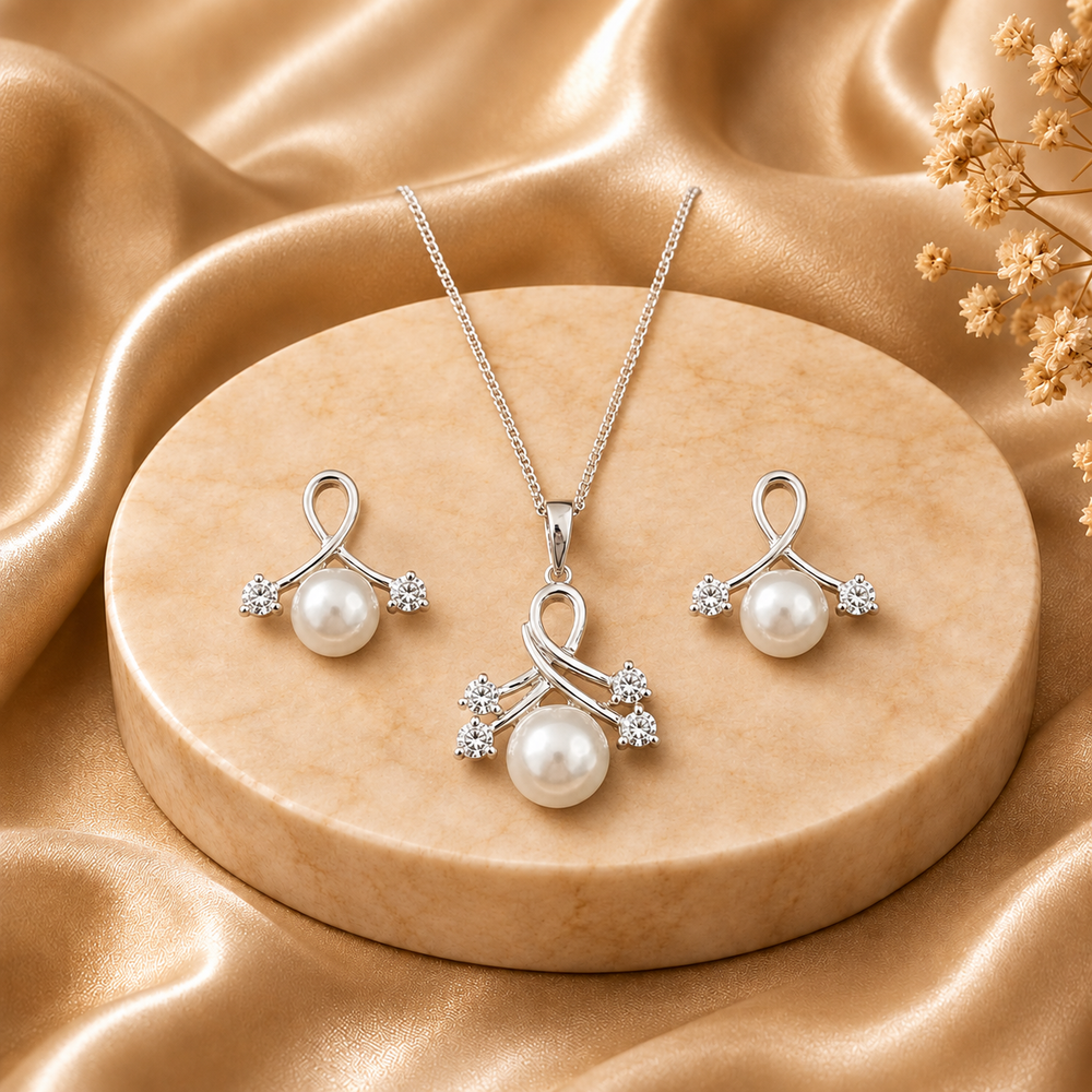 Elegant Silver Pearl Pendant & Earrings Jewelry Set