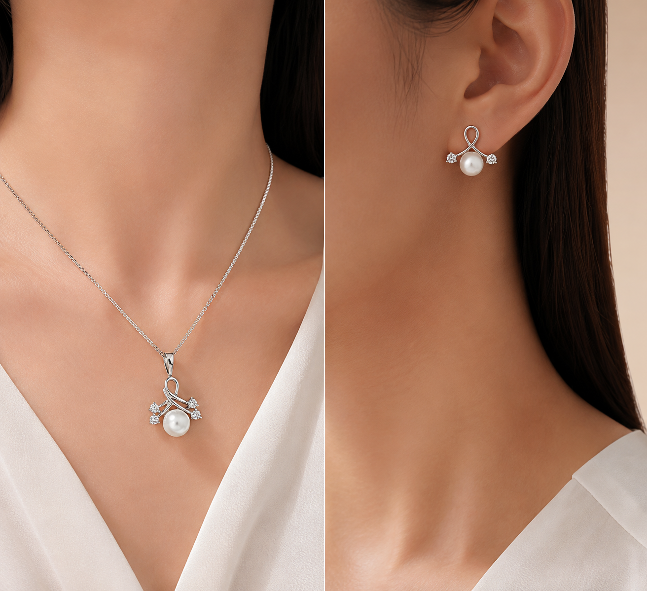 Elegant Silver Pearl Pendant & Earrings Jewelry Set
