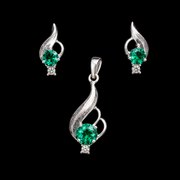 Green Emerald & CZ Sterling Silver Pendant Set