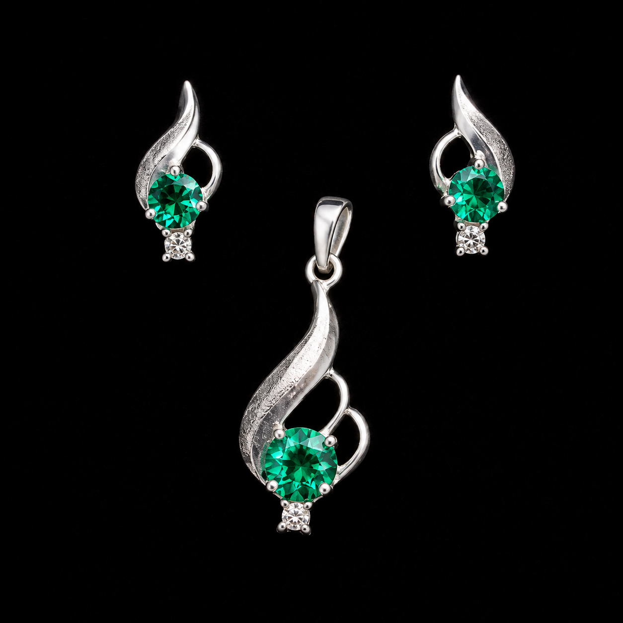 Green Emerald & CZ Sterling Silver Pendant Set