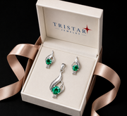 Green Emerald & CZ Sterling Silver Pendant Set