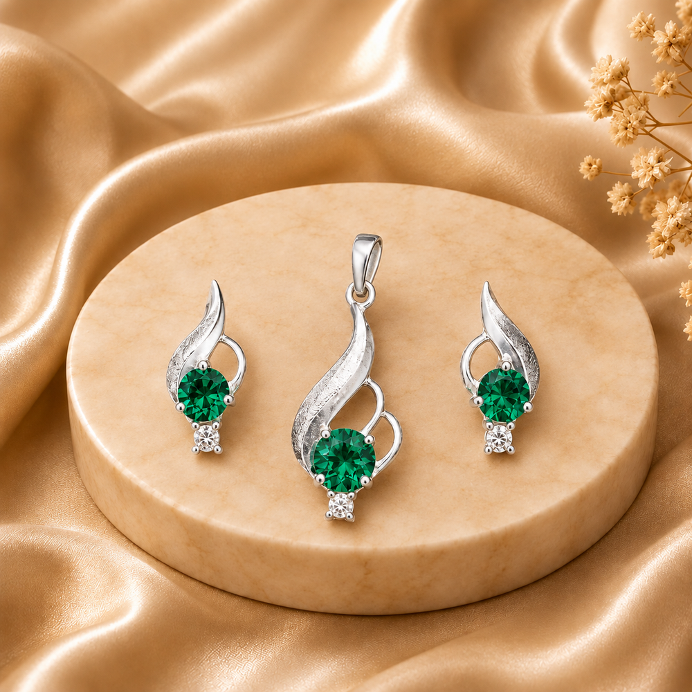 Green Emerald & CZ Sterling Silver Pendant Set