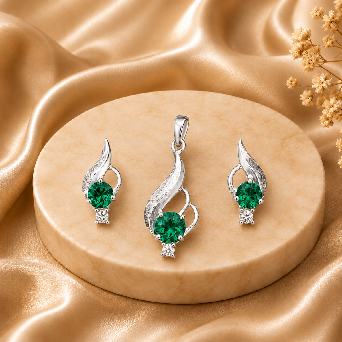 Green Emerald & CZ Sterling Silver Pendant Set