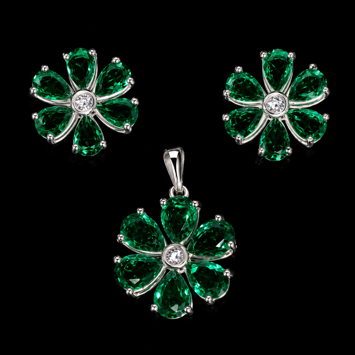 Green Emerald Floral Pendant & Earrings Jewelry Set