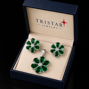 Green Emerald Floral Pendant & Earrings Jewelry Set