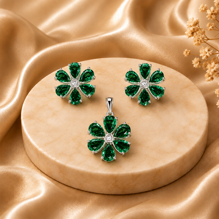 Green Emerald Floral Pendant & Earrings Jewelry Set