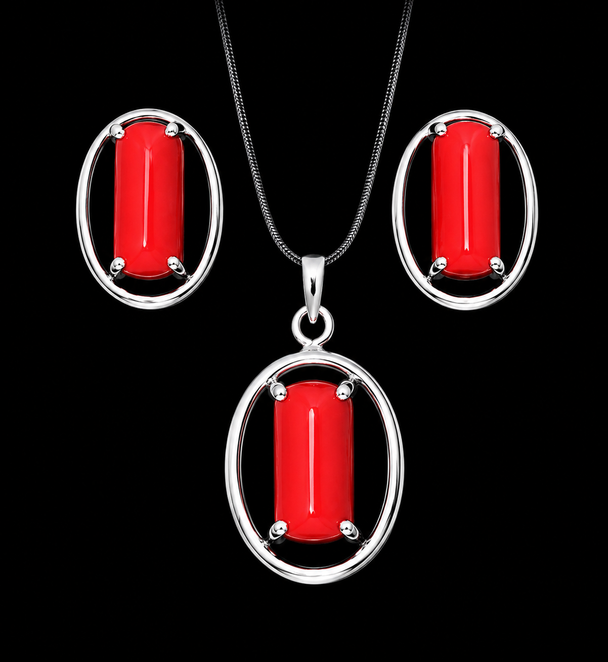 Sterling Silver Coral Pendant & Earring Set