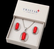 Sterling Silver Coral Pendant & Earring Set