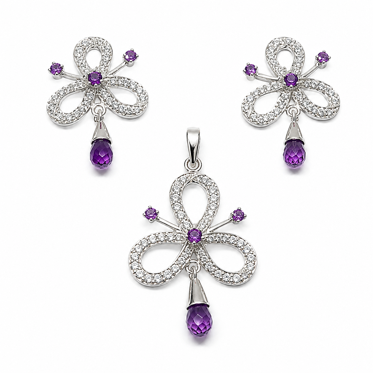 Sterling Silver Amethyst & CZ Pendant Earring Set