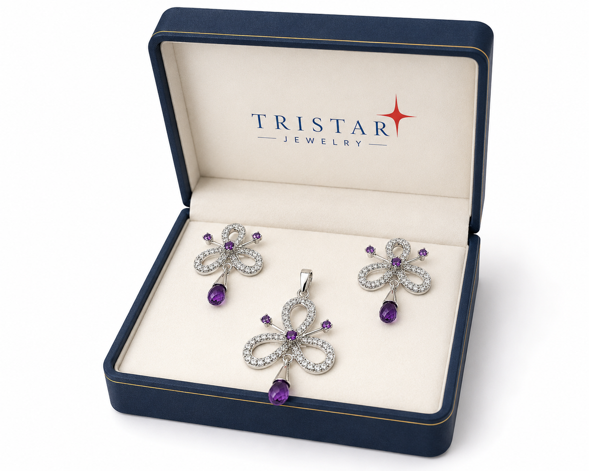 Sterling Silver Amethyst & CZ Pendant Earring Set