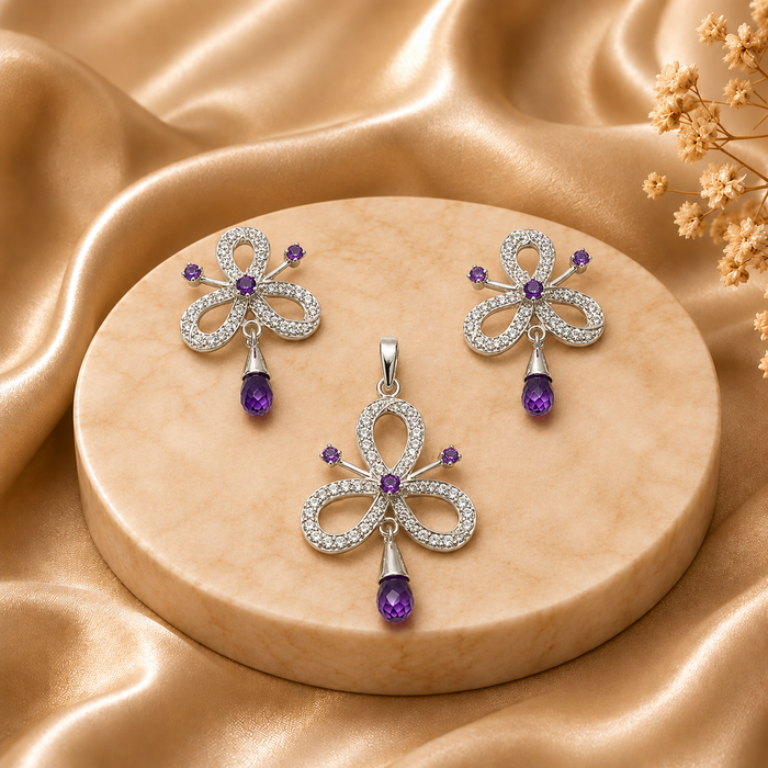 Sterling Silver Amethyst & CZ Pendant Earring Set