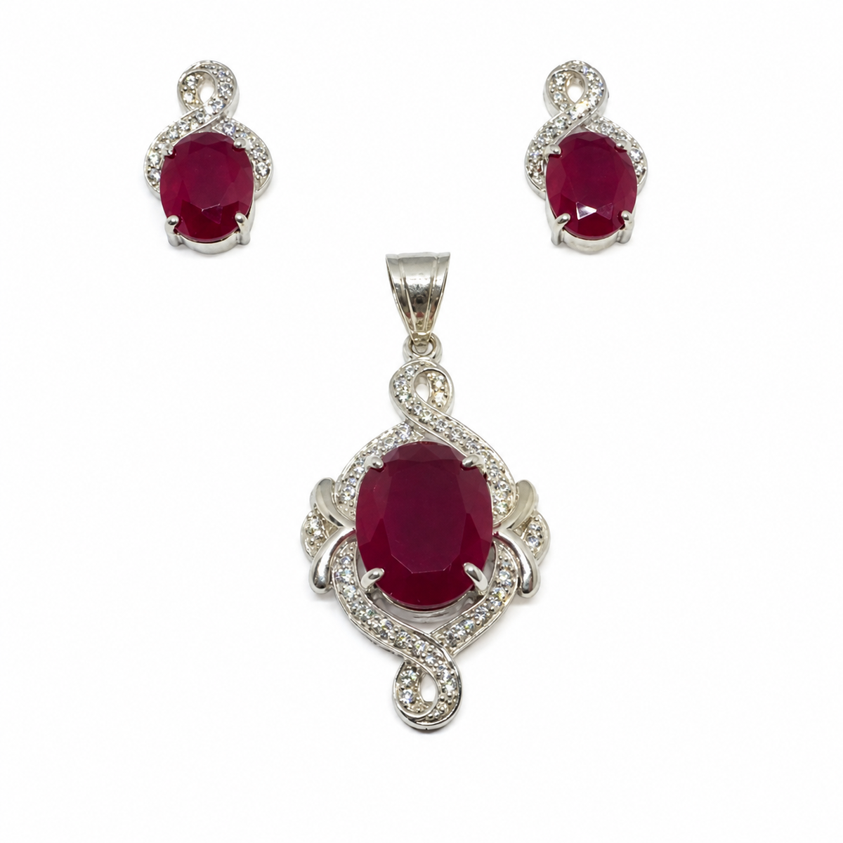 Ruby & CZ Sterling Silver Pendant Set