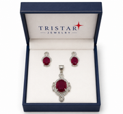 Ruby & CZ Sterling Silver Pendant Set