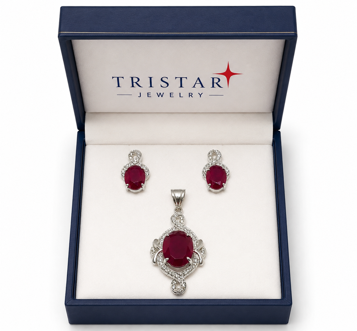Ruby & CZ Sterling Silver Pendant Set