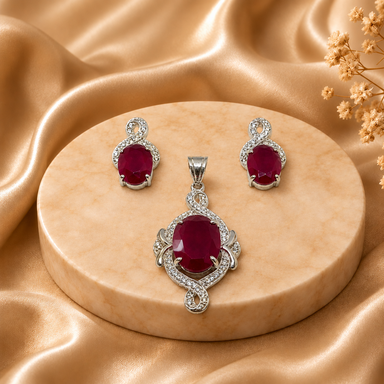 Ruby & CZ Sterling Silver Pendant Set