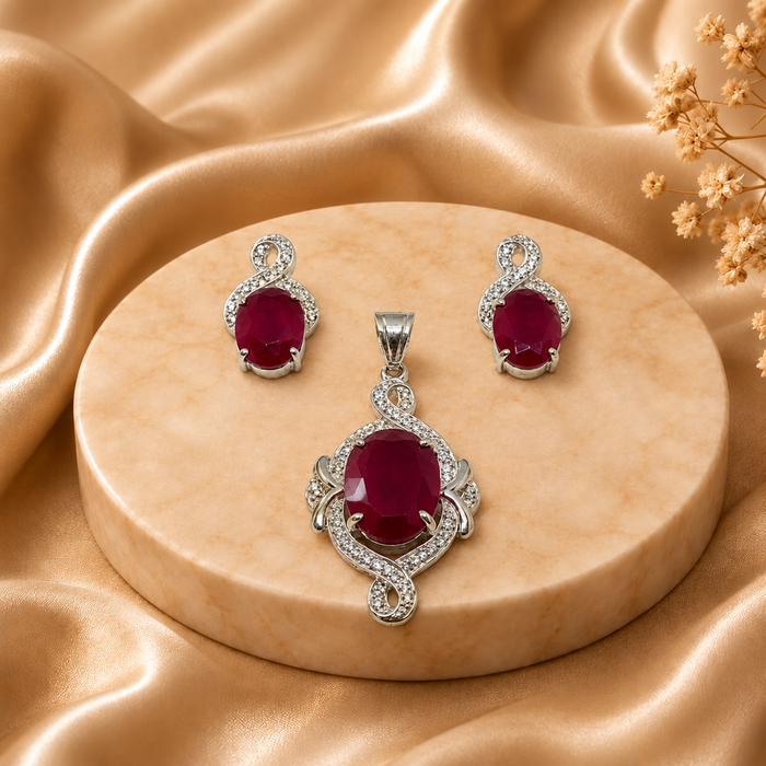 Ruby & CZ Sterling Silver Pendant Set