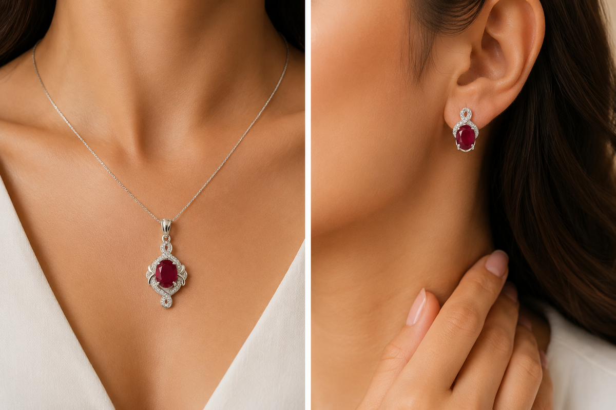 Ruby & CZ Sterling Silver Pendant Set