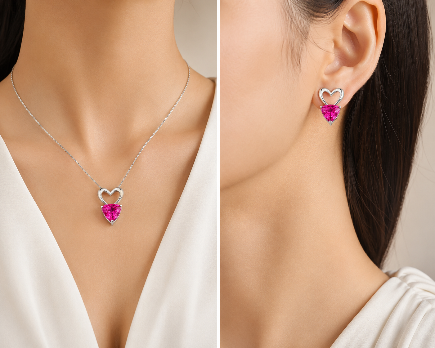Pink Heart Gemstone Silver Pendant & Earrings Set