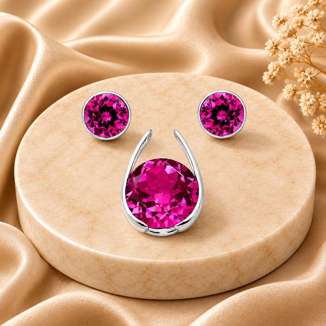 Elegant Silver Pink Corundum Jewelry Set