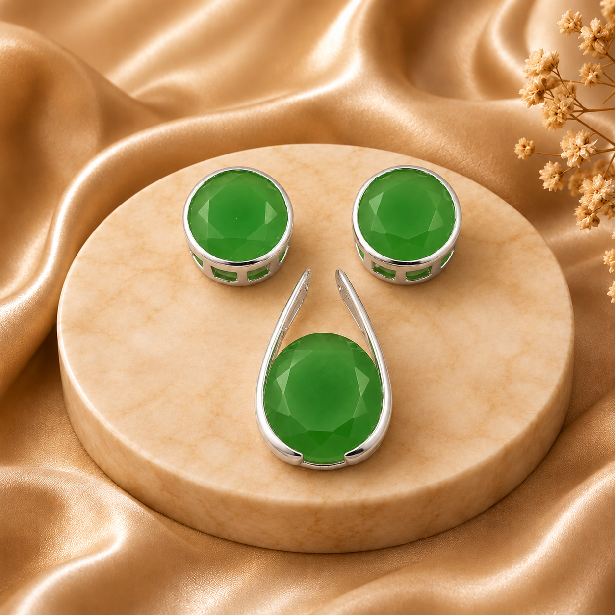 Green Jade Pendant Earring Set