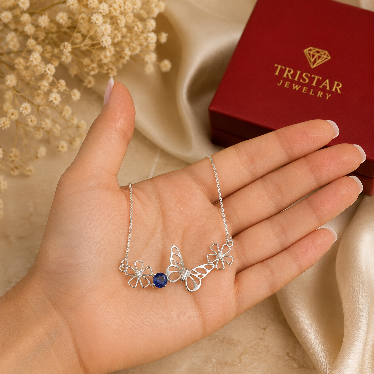 Silver Butterfly Gemstone Necklace