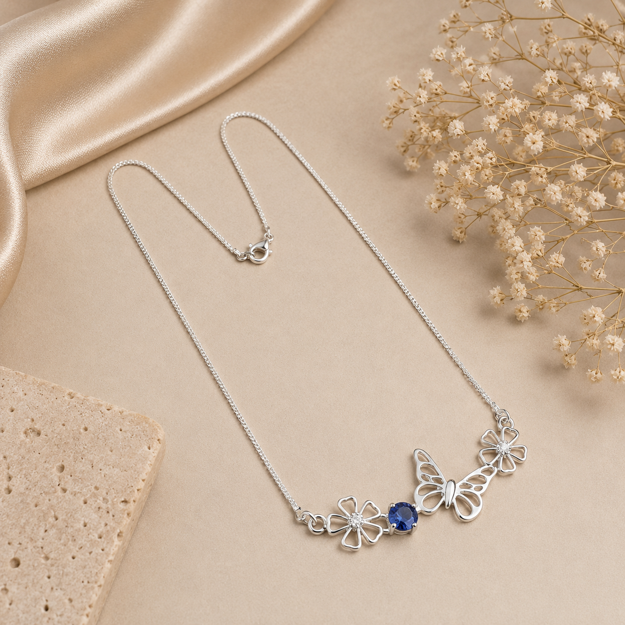 Silver Butterfly Gemstone Necklace