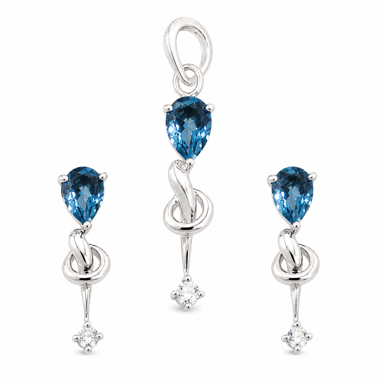 Gold Blue Topaz Gemstone Pendant & Earrings Set