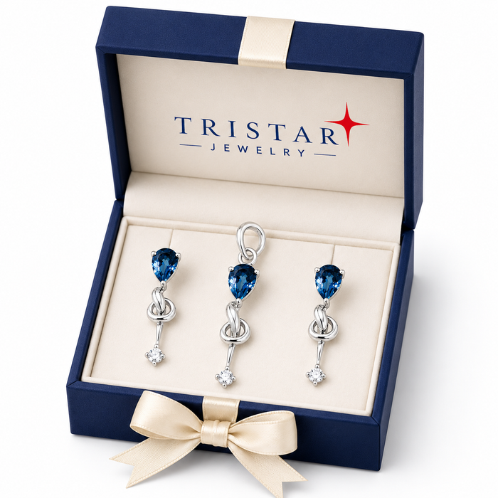 Gold Blue Topaz Gemstone Pendant & Earrings Set