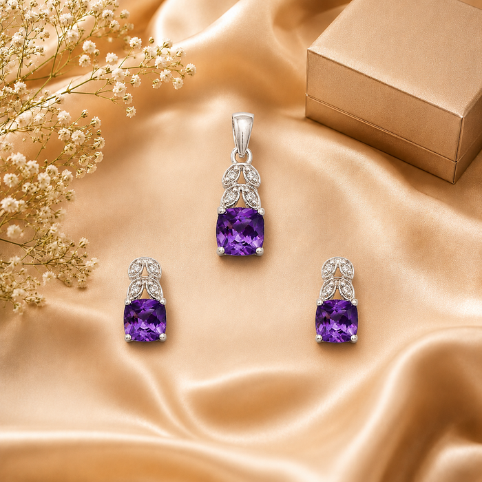 Gold Amethyst Diamond Pendant Set