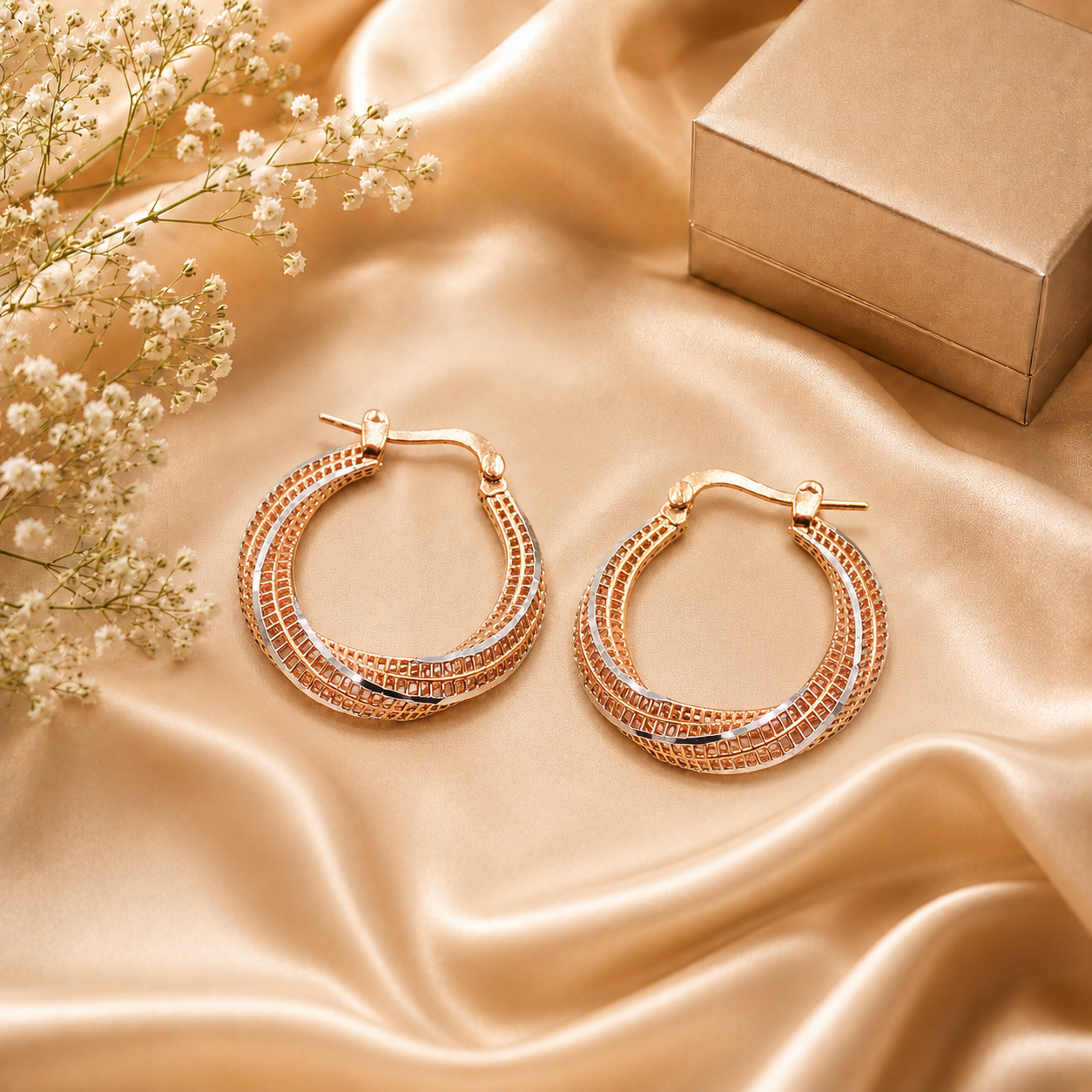 18k Rose Gold 2 Tone Hoop Earrings