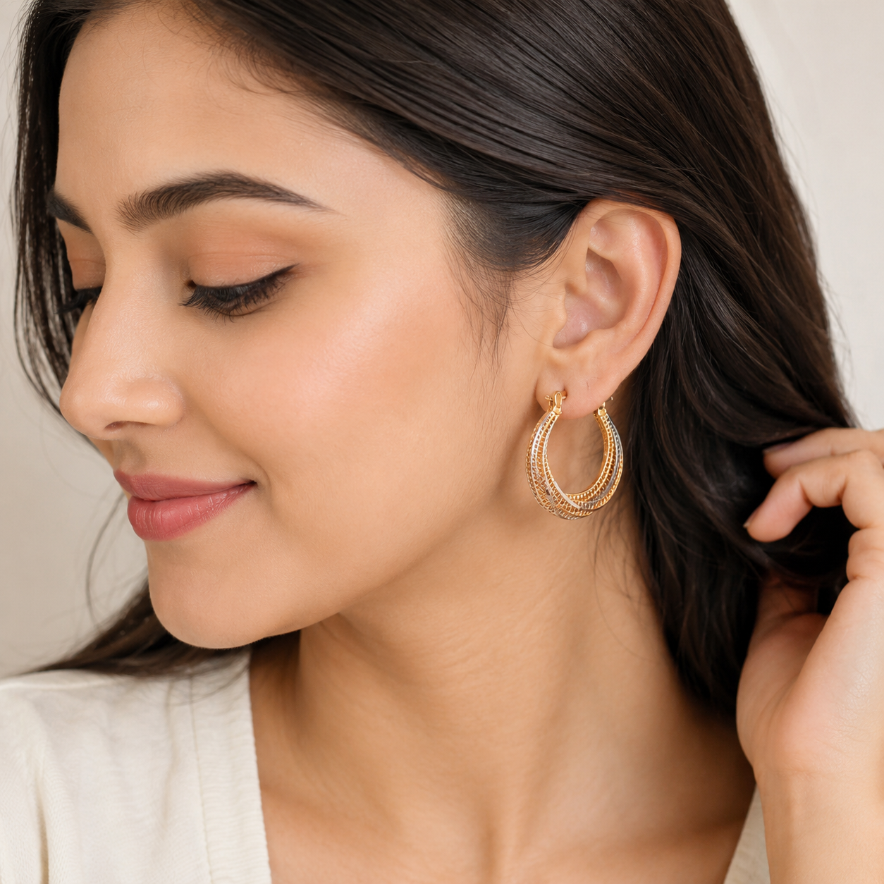 18k Rose Gold 2 Tone Hoop Earrings