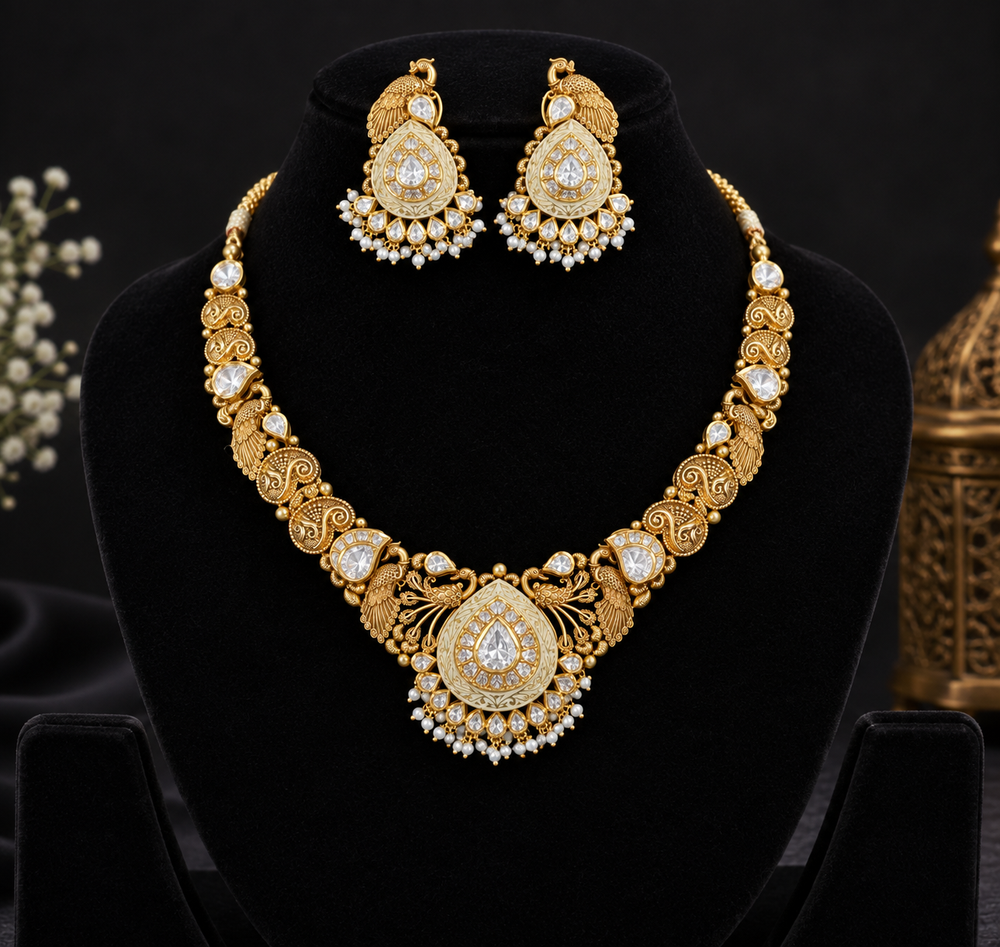 Luxury Gold Kundan Bridal Necklace Set with Matching Earrings – Traditional Peacock Design Pearl Necklace Jewellery Set