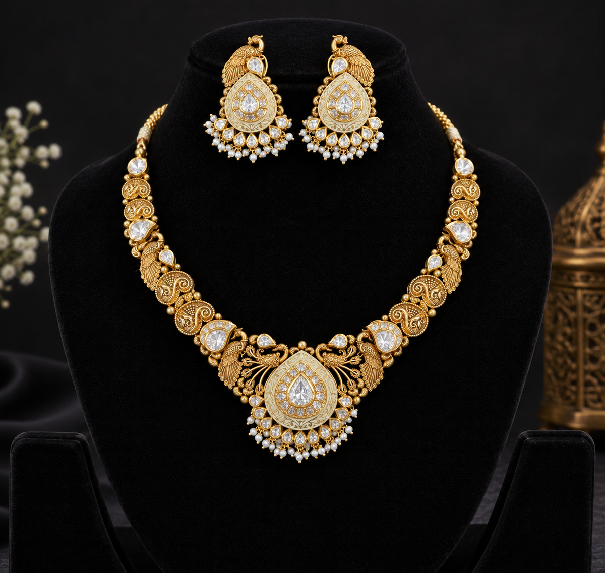 Luxury Gold Kundan Bridal Necklace Set with Matching Earrings – Traditional Peacock Design Pearl Necklace Jewellery Set