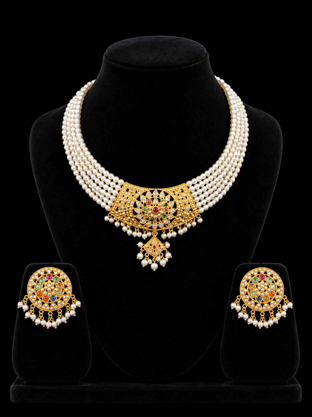 14K Gold Pearl Multicolor Bridal Necklace Set