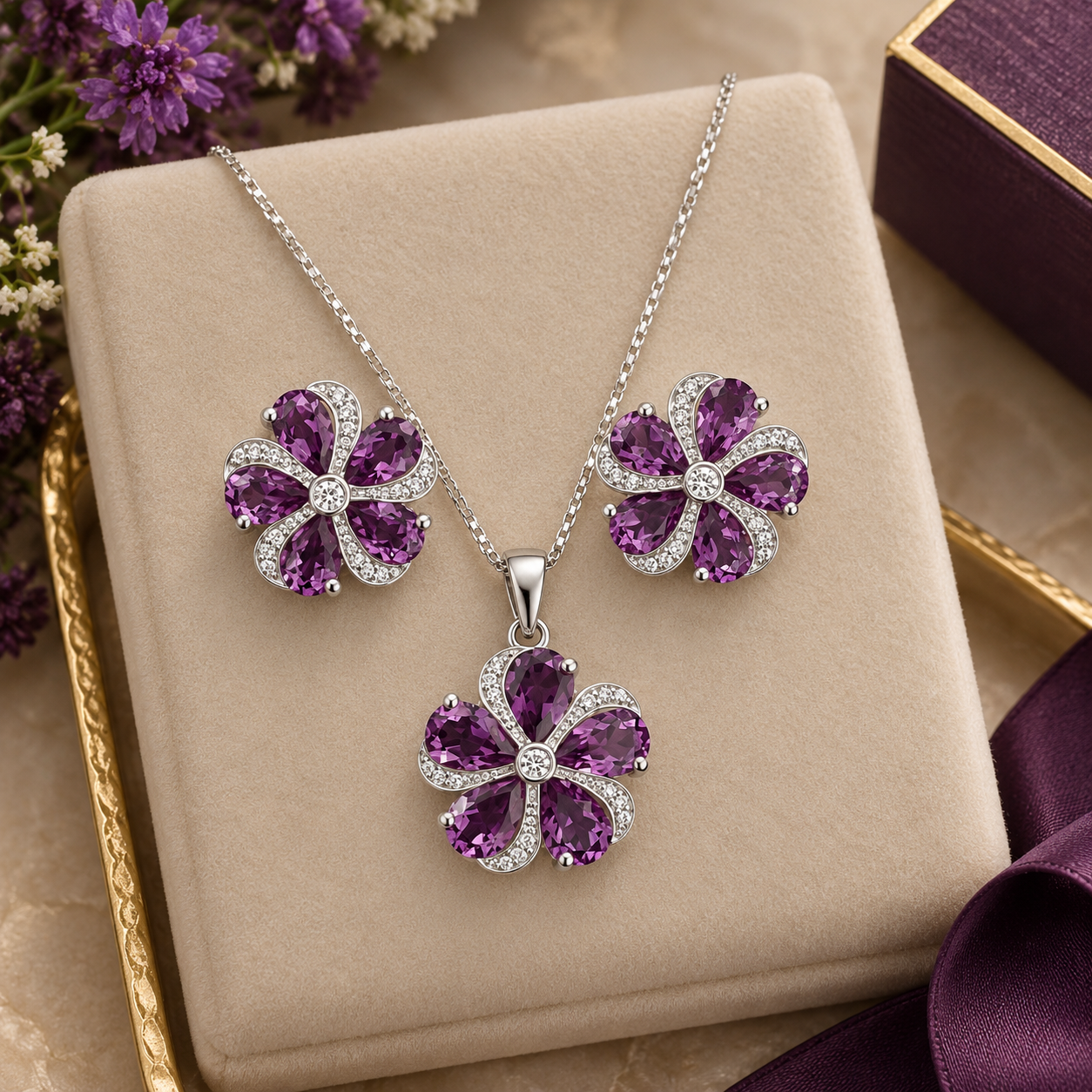 Purple Amethyst Flower Jewelry Set