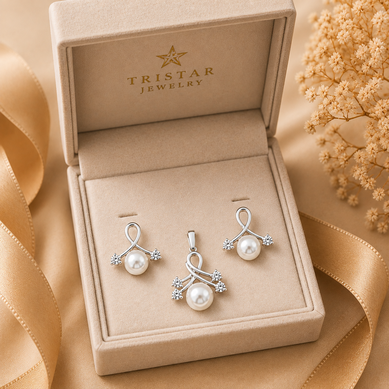 Elegant Silver Pearl Pendant & Earrings Jewelry Set