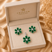 Green Emerald Floral Pendant & Earrings Jewelry Set