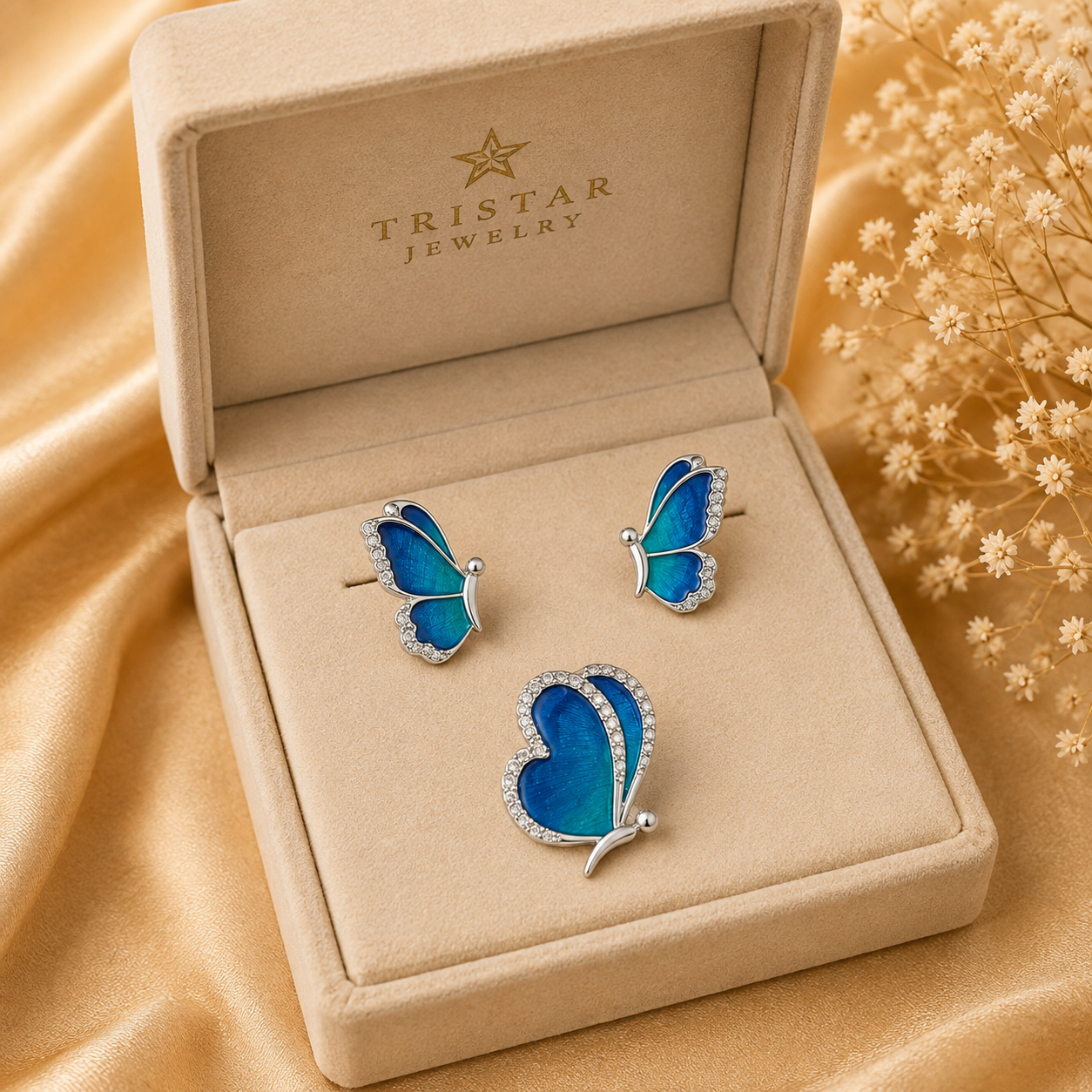 Butterfly Enamel Pendant & Earrings Jewelry Set