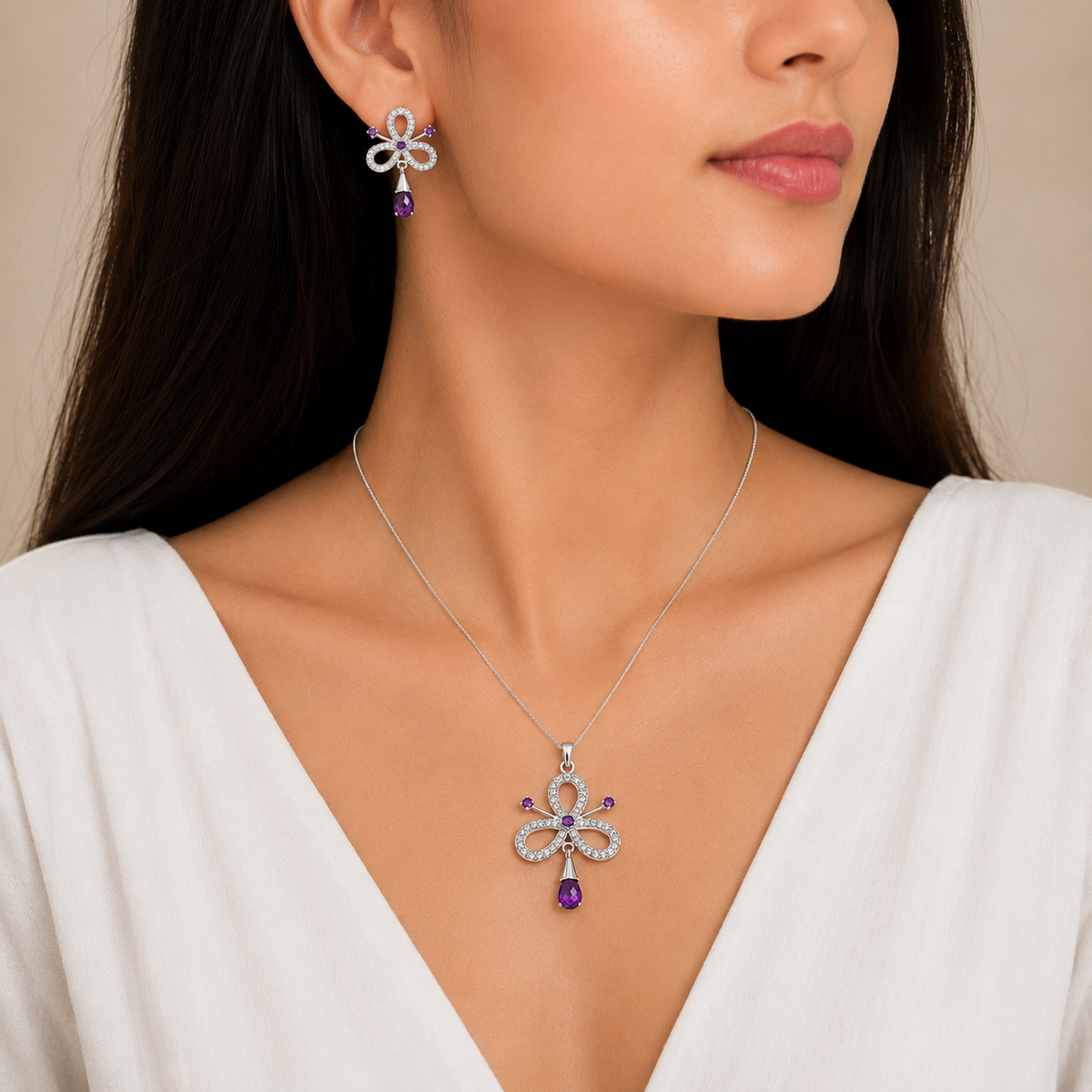 Sterling Silver Amethyst & CZ Pendant Earring Set