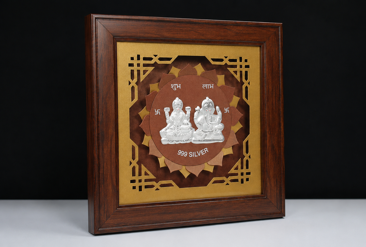999 Silver Lakshmi Ganesh Wooden Frame