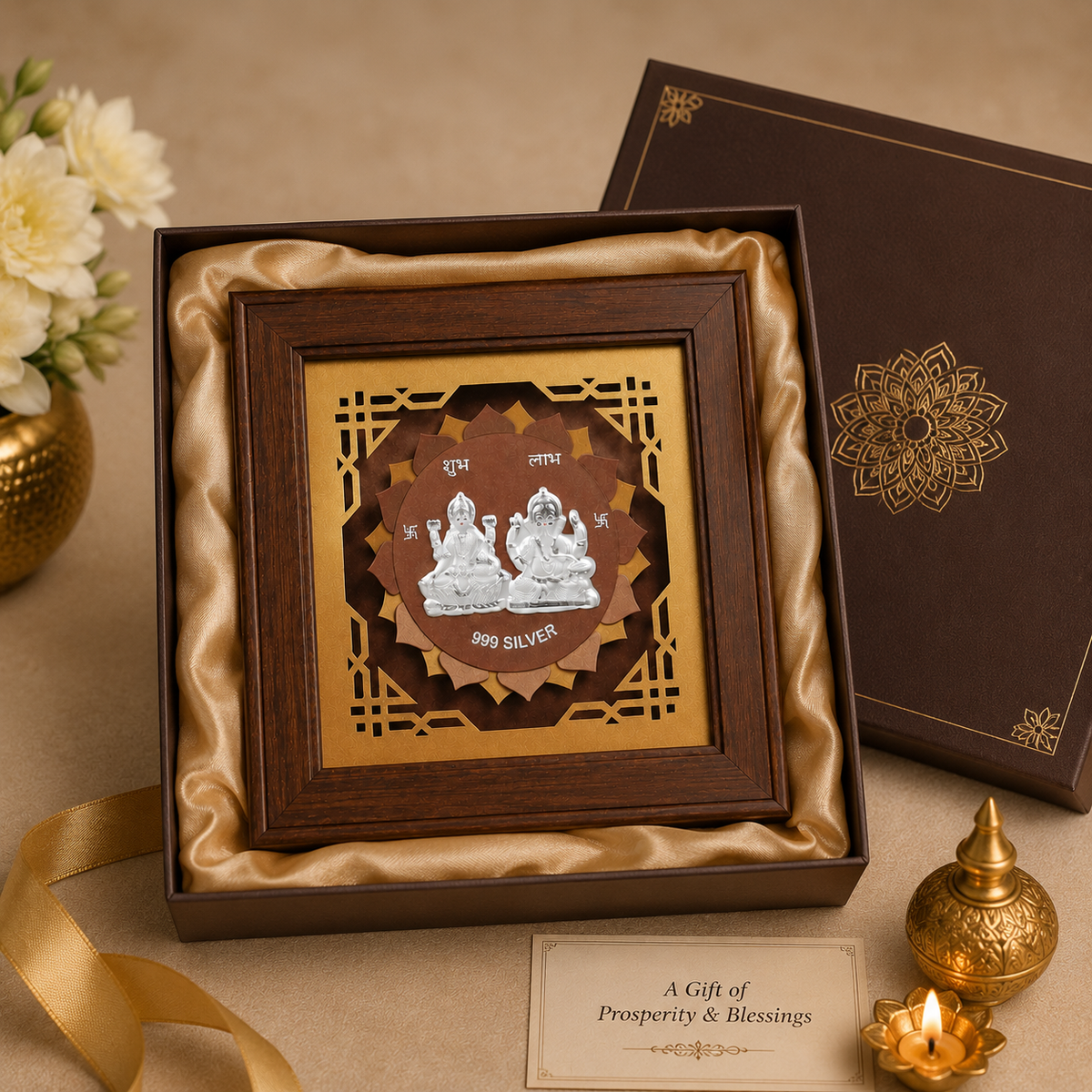 999 Silver Lakshmi Ganesh Wooden Frame