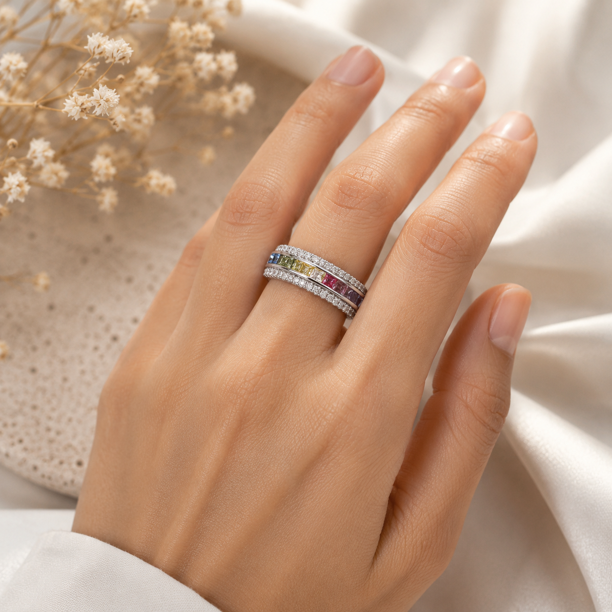 Silver Rainbow Multi-Stone Ring Band