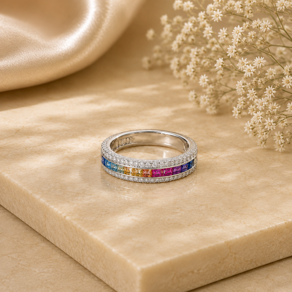 Silver Rainbow Multi-Stone Ring Band