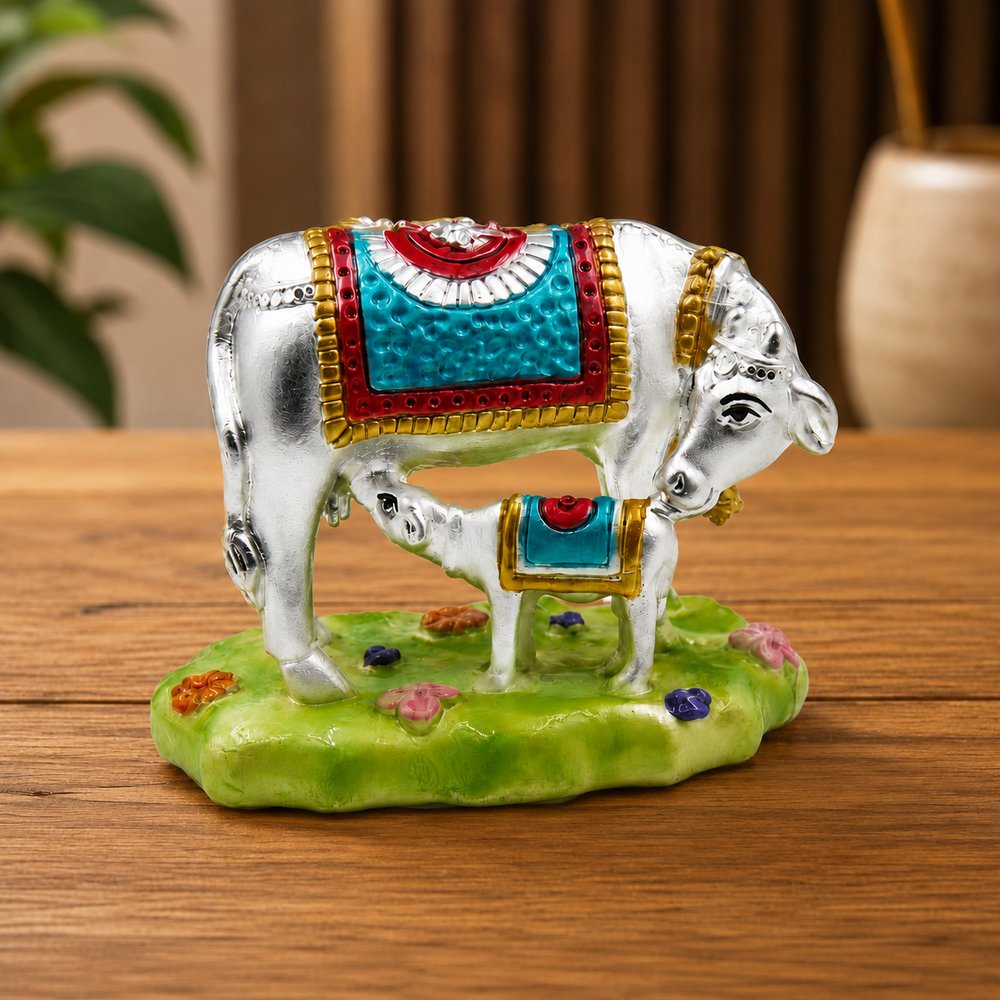 Silver Cow And Calf Figurine Idol