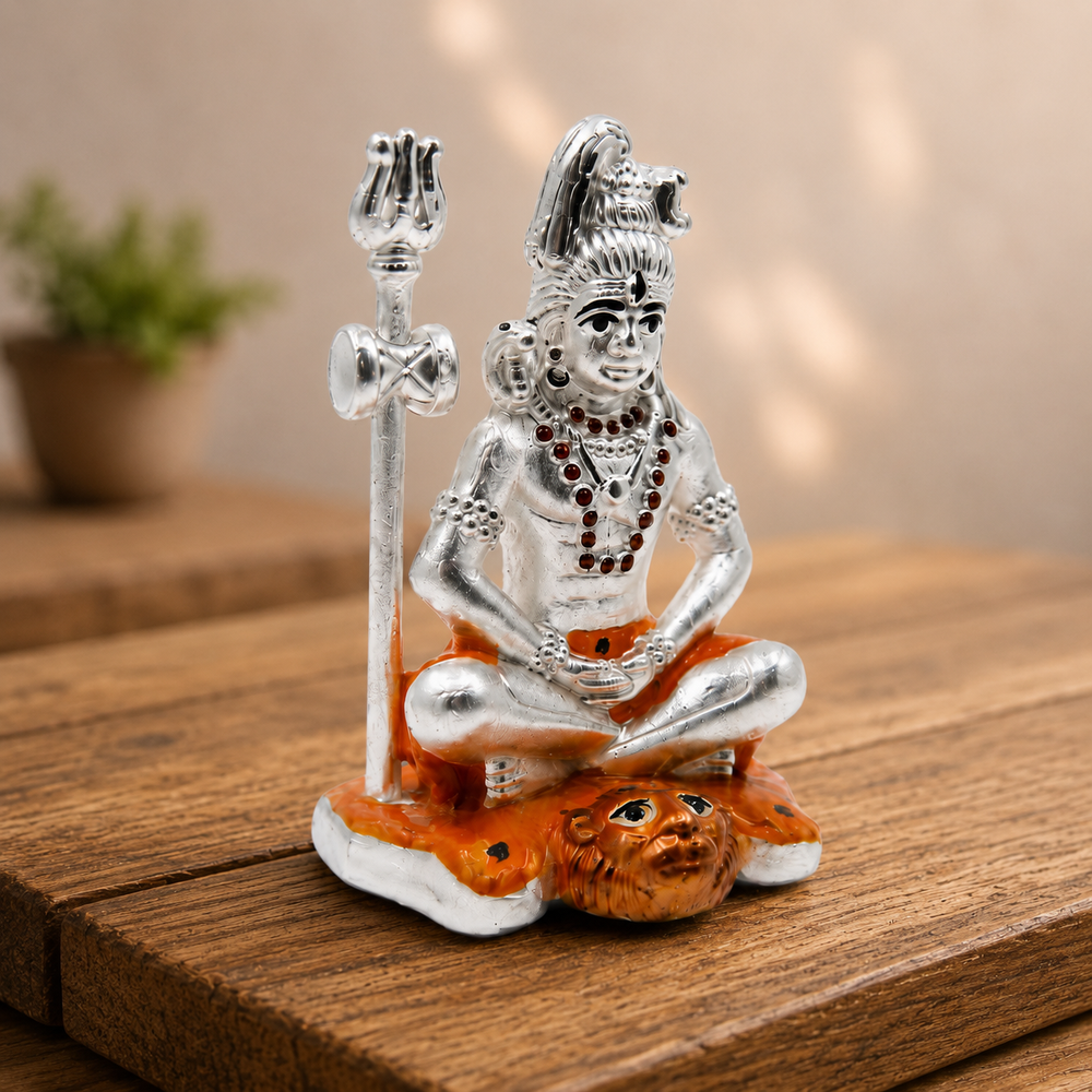 Silver Lord Shiva Meditation Idol with Trishul Statue