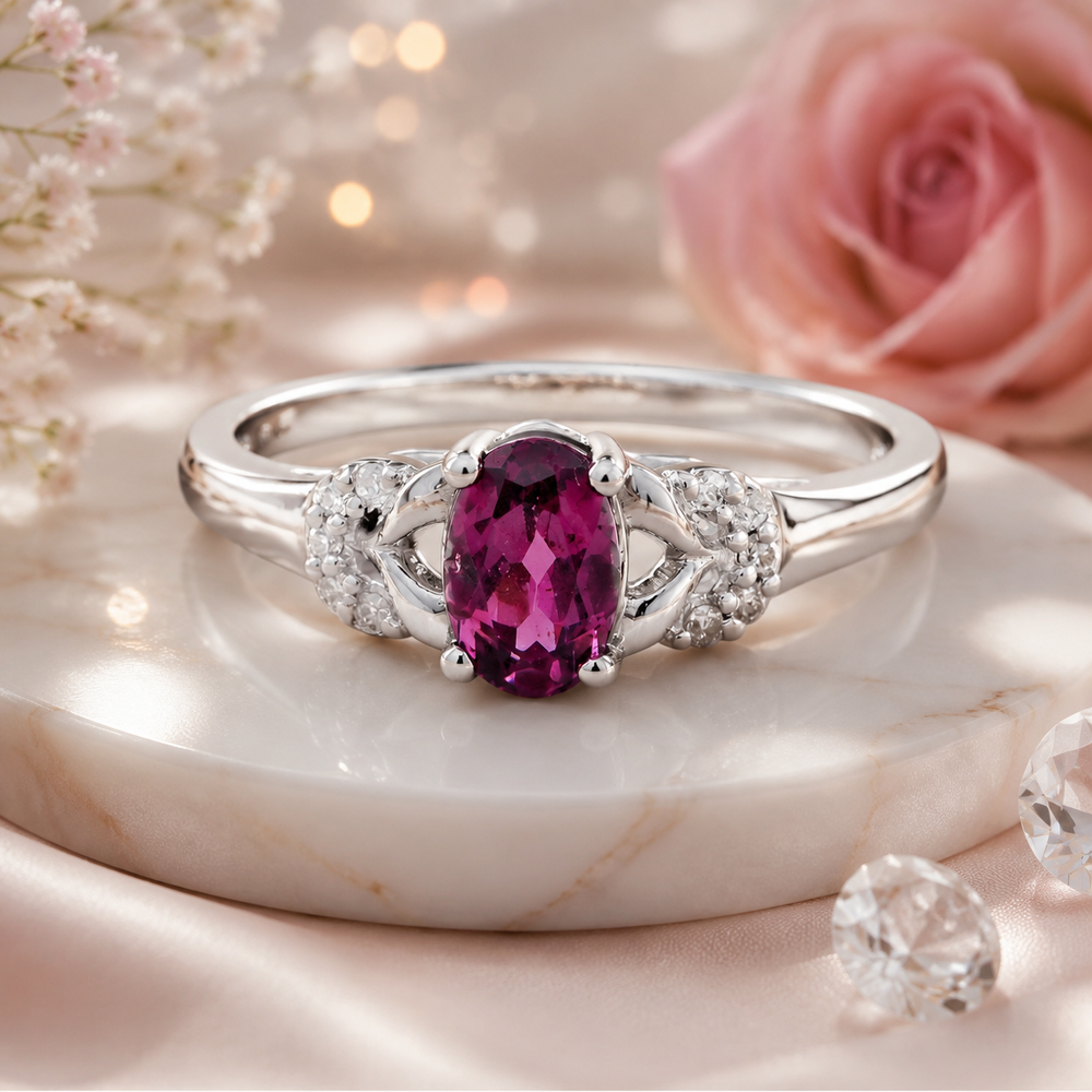 10K Gold Natural Rhodolite Garnet & Diamond Ring