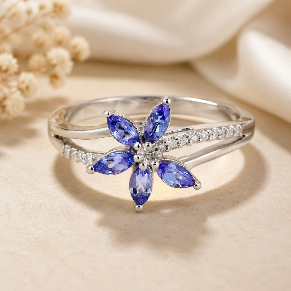 White Gold Tanzanite Floral Ring